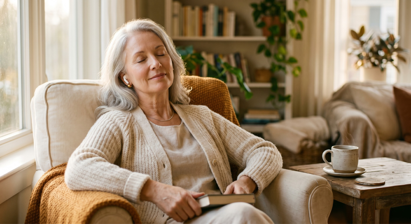 Woman relaxing with earbuds