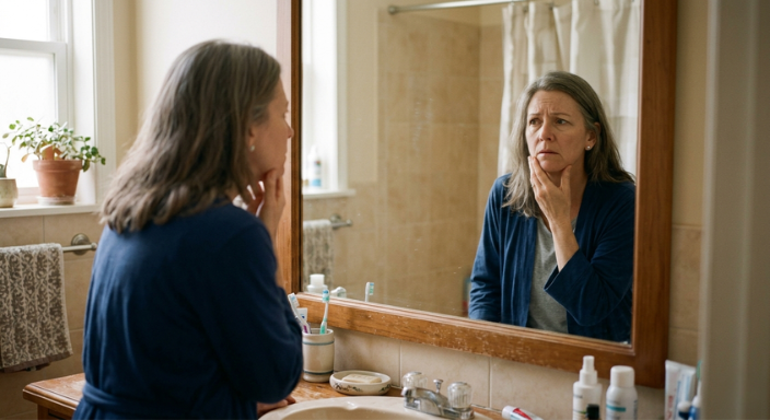 Woman over 50 with a concerned expression examining her gums in a bathroom mirror
