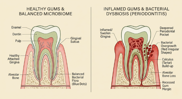 Illustration contrasting a healthy oral microbiome with an imbalanced one