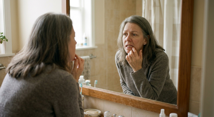 Woman in her late fifties examining her teeth and gums in a bathroom mirror